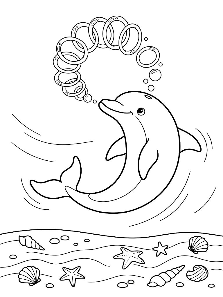 Playful Bottlenose Dolphin Blowing Intricate Perfect Bubble Rings Underwater Above A Sandy Ocean Floor Scattered With Sea Shells Coloring Page