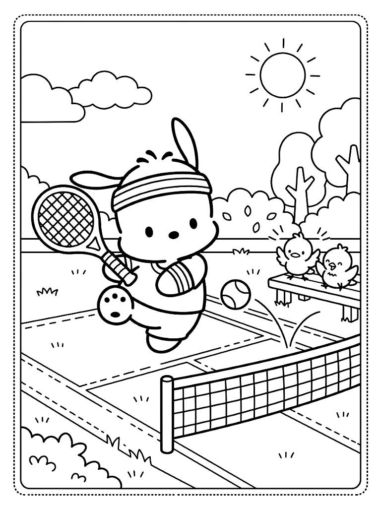 Pochacco Wearing A Sporty Sweatband Playing Tennis On A Sunny Grass Court With His Little Bird Friends Cheering Coloring Page