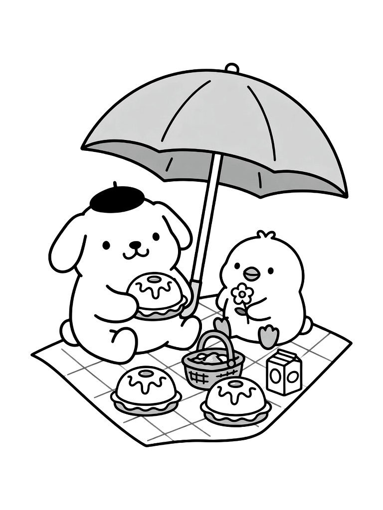 Pompompurin And Macaroon Having A Spring Picnic Under A Yellow Umbrella With Pudding-shaped Sandwiches Coloring Page