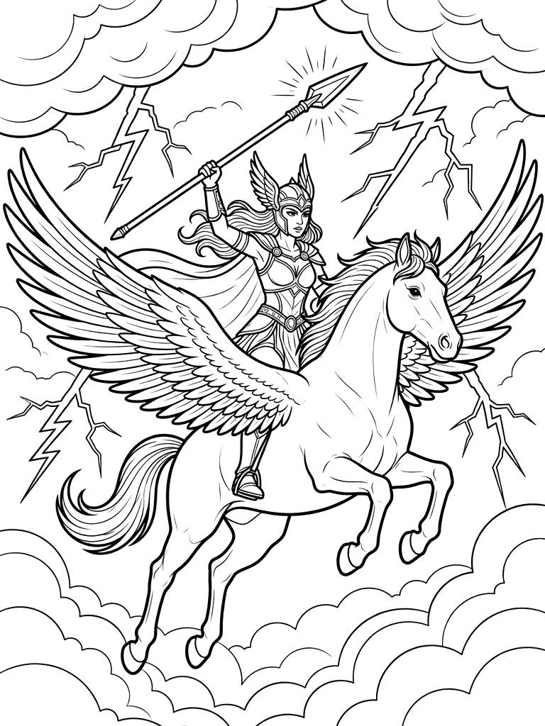 Powerful Valkyrie Riding A Winged Horse Through A Stormy Sky With A Glowing Spear Coloring Page