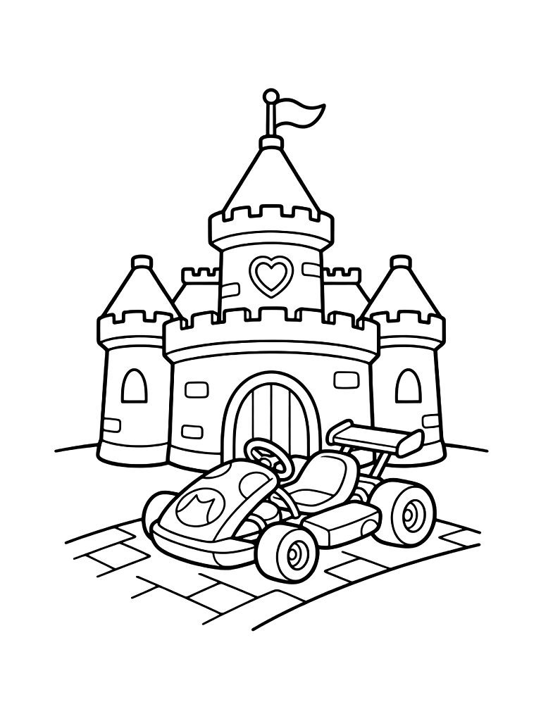 Princess Peach's Pink Castle With A Racing Kart Parked In The Brick Driveway Coloring Page