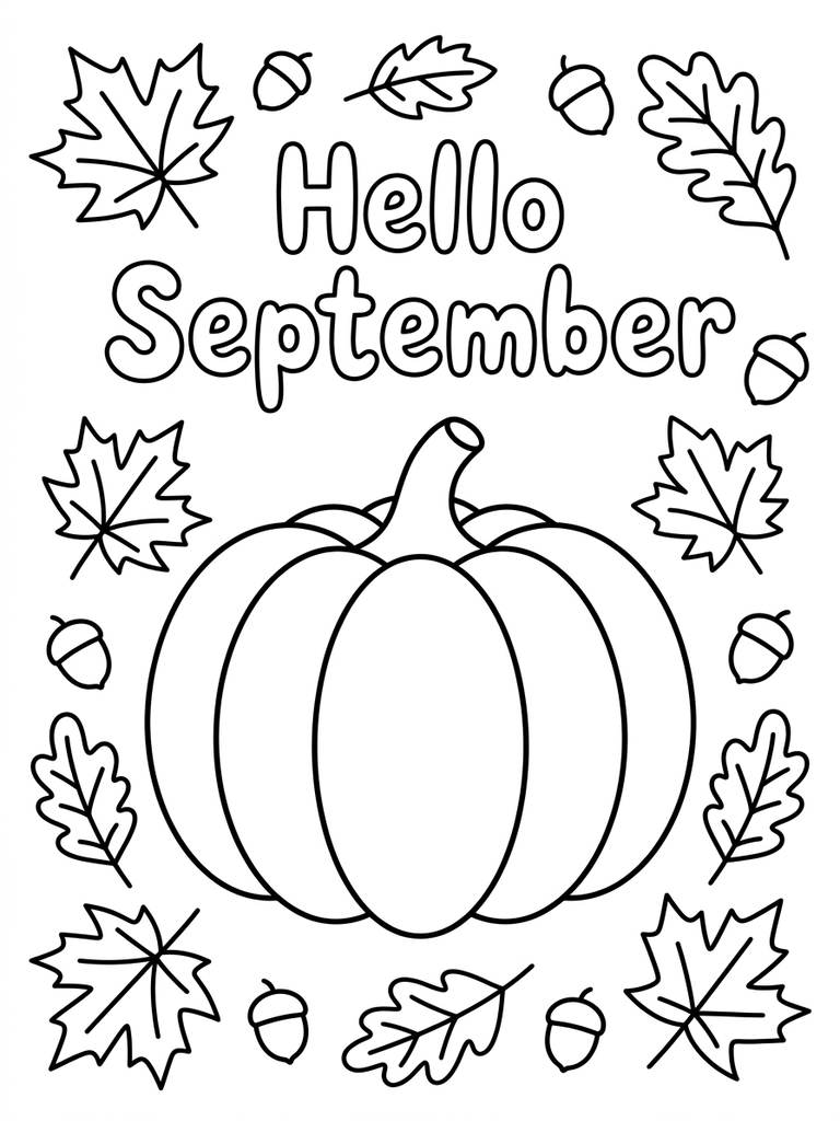 Pumpkin With Hello September Lettering Surrounded By Autumn Leaves Coloring Page