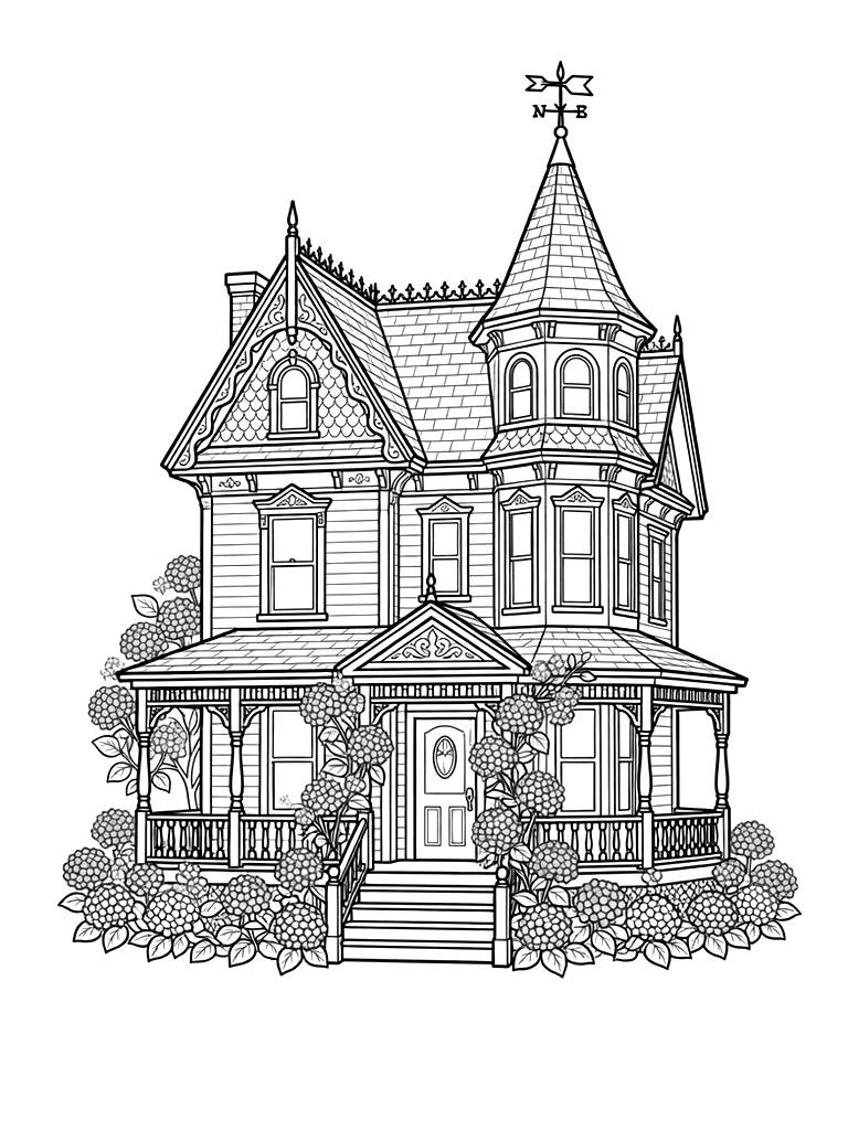 Queen Anne Style Victorian House With A Wrap-around Porch And Blooming Blue Hydrangeas Coloring Page