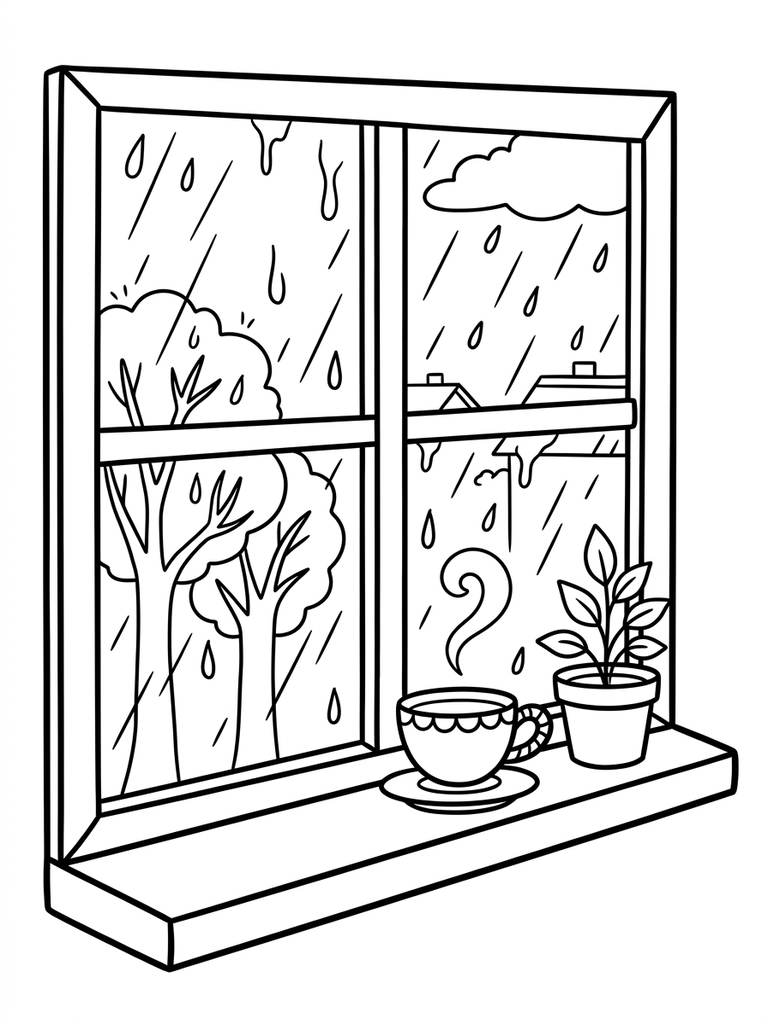 Rainy Day Window With Teacup Coloring Page