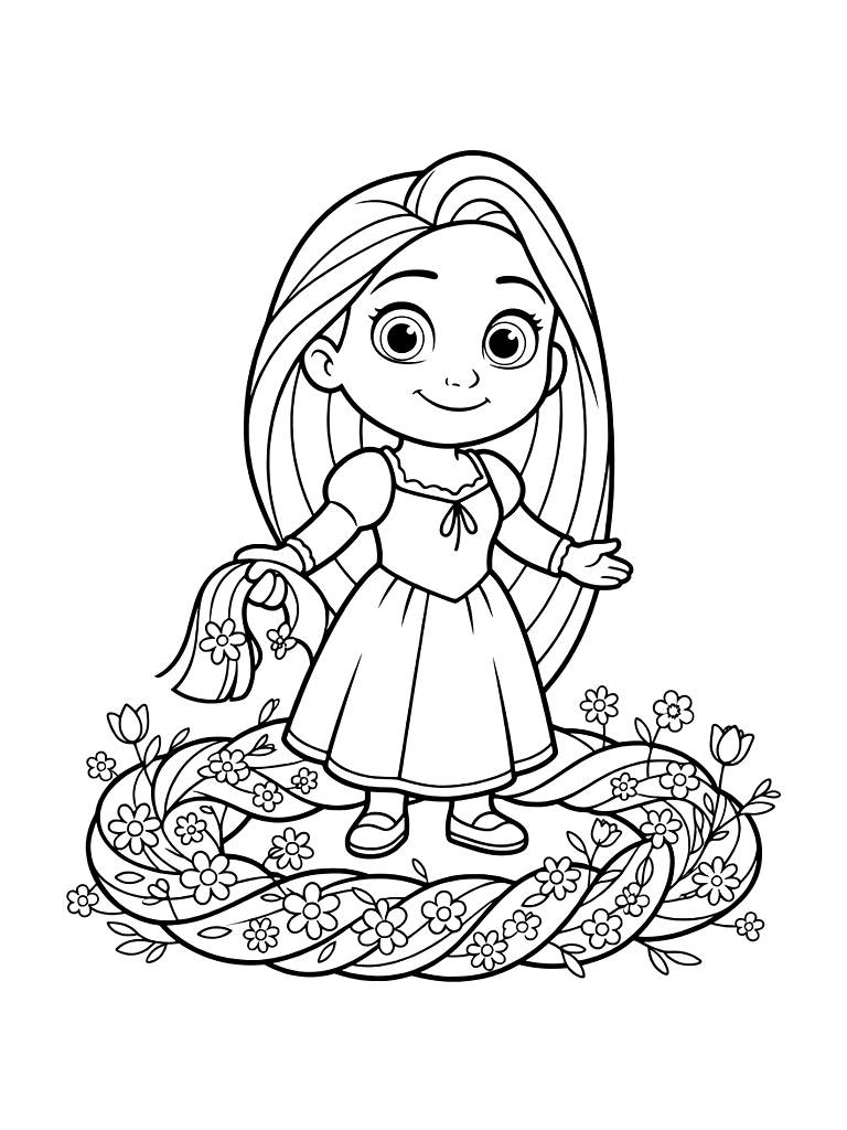 Rapunzel With Her Long Blonde Hair Braided With Many Small Spring Wildflowers Coloring Page