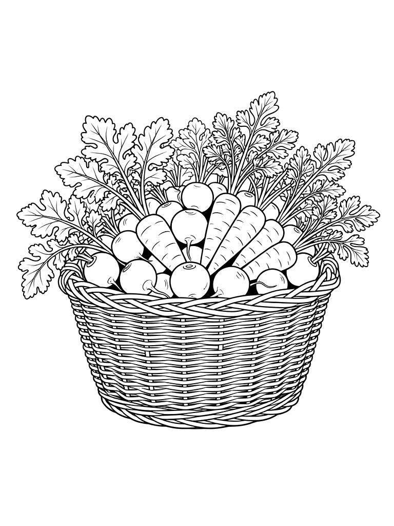 Realistic Basket Of Spring Radishes And Carrots With Leafy Tops Coloring Page