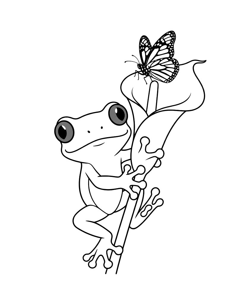 Red-eyed Tree Frog Clinging To A Calla Lily While A Monarch Butterfly Rests On The Stamen Coloring Page