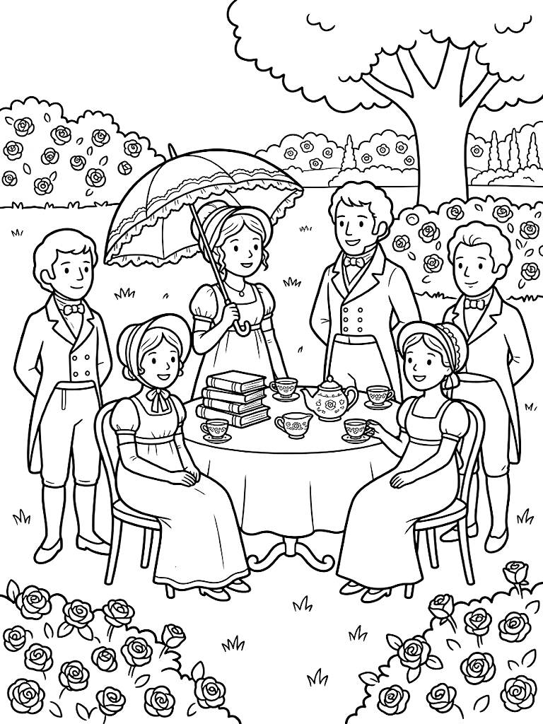 Regency-Style Outdoor Tea Party With A Ruffled Lace Parasol A Stack Of Vintage Books And Porcelain Cups On A Blooming Rose-Covered Lawn Coloring Page