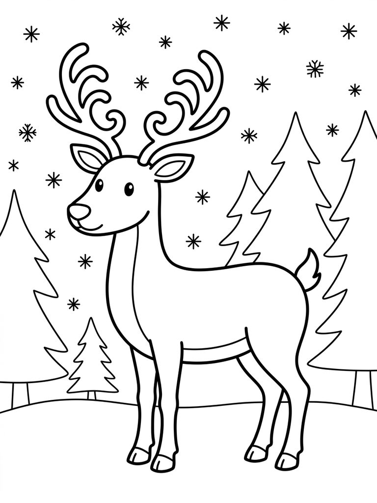 Reindeer Standing In A Snowy Forest With Snowflakes Coloring Page
