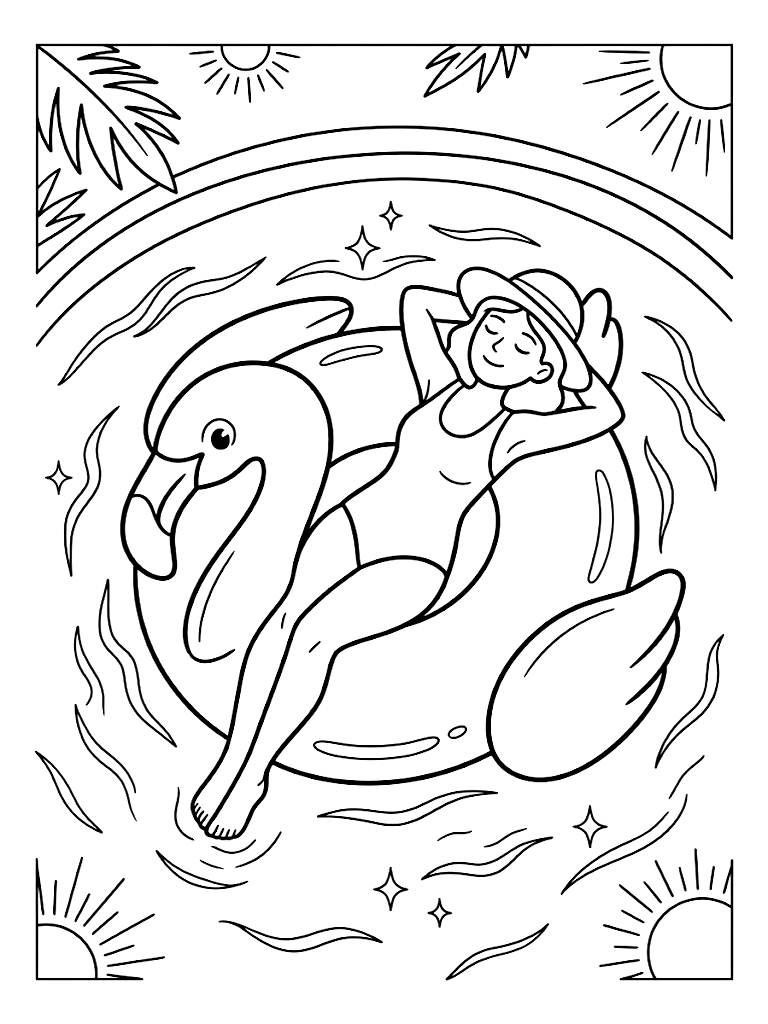 Relaxing Overhead View Of A Person Lounging On A Giant Pink Flamingo Pool Float In A Sunlit Sparkling Swimming Pool Coloring Page