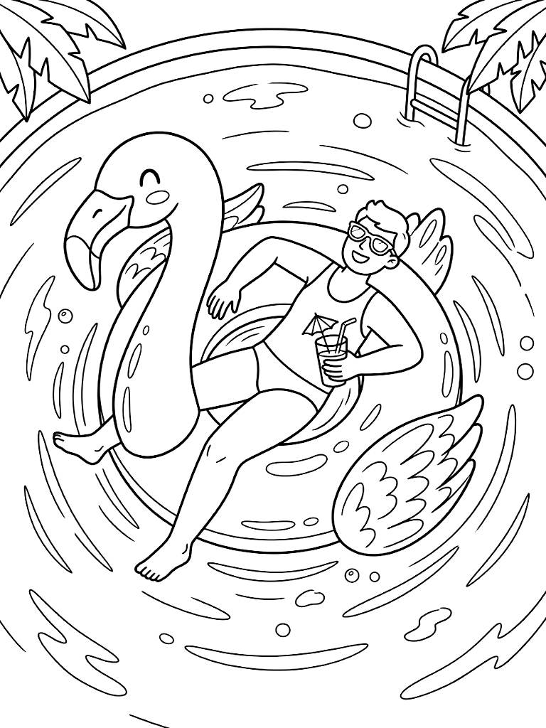 Relaxing Overhead View Of A Person Lounging On A Giant Pink Flamingo Pool Float In A Sunlit Sparkling Swimming Pool Coloring Page