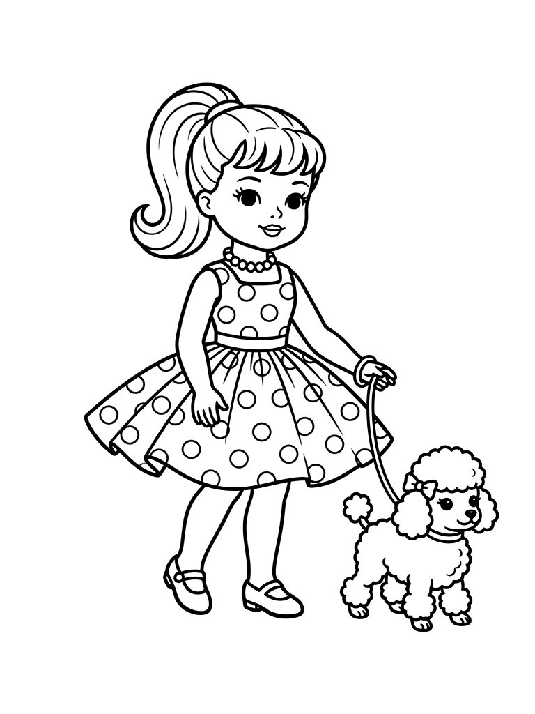 Retro 1950s Style Fashion Doll In A Polka Dot Dress With A Toy Poodle Coloring Page