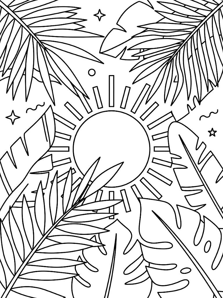 Retro 80s Style Composition With Overlapping Tropical Palm Fronds And A Large Geometric Glowing Sun In The Background Coloring Page