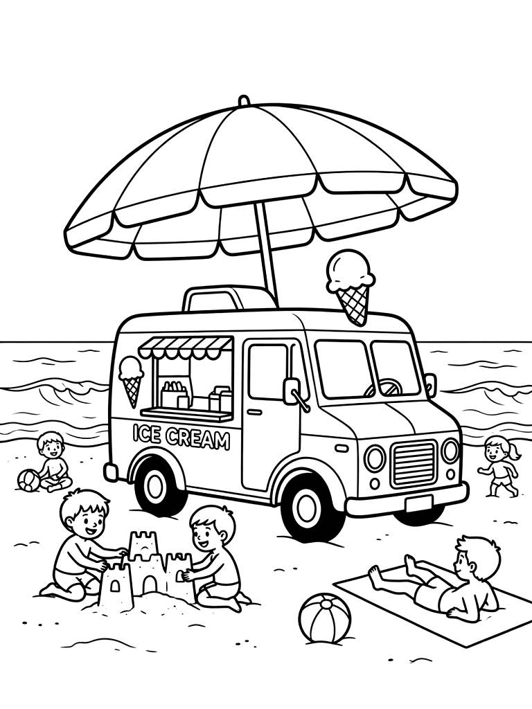 Retro Ice Cream Truck Parked At A Crowded Beach Under A Large Striped Umbrella Coloring Page