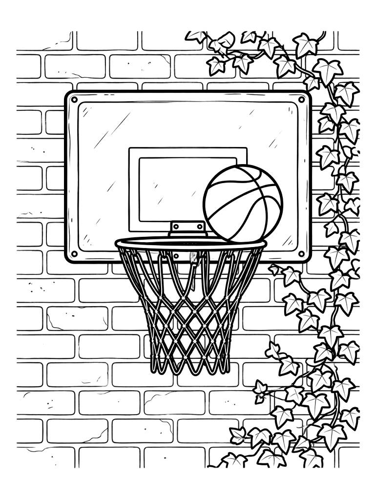 Retro Outdoor Basketball Hoop With A Metal Chain Net Attached To A Brick Wall With Green Ivy Climbing Up The Side Coloring Page