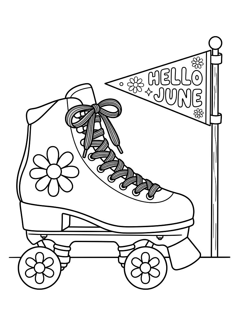 Retro Roller Skate With Rainbow Laces And Daisy Wheels Parked Next To A Cheerful Hello June Pennant Flag Coloring Page