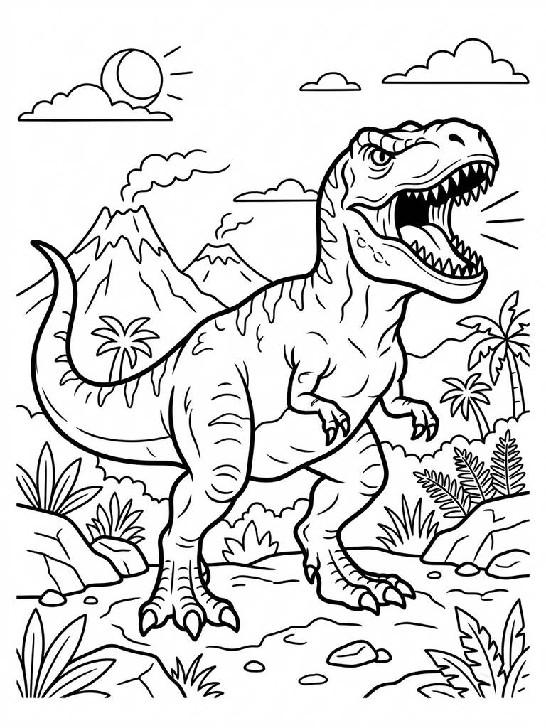 Roaring T-Rex / Fierce T-Rex In Prehistoric Scene Coloring Page