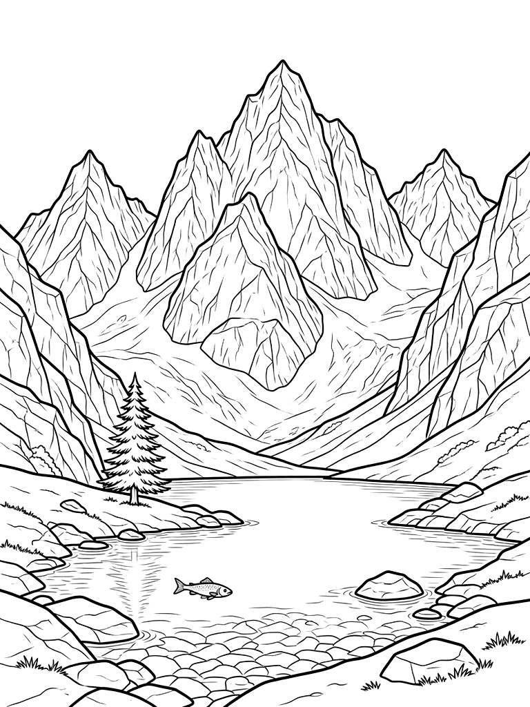 Rocky Mountain Range With A Crystal Clear Alpine Lake Coloring Page