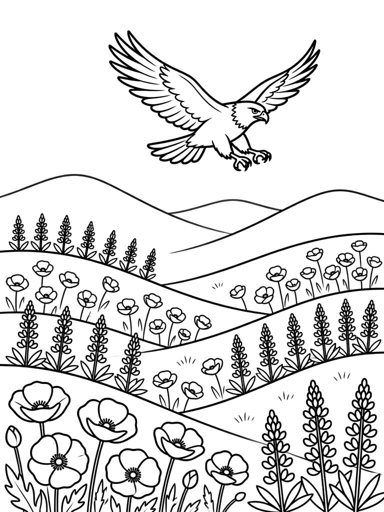 Rolling Hills During A California Superbloom With Orange Poppies Coloring Page