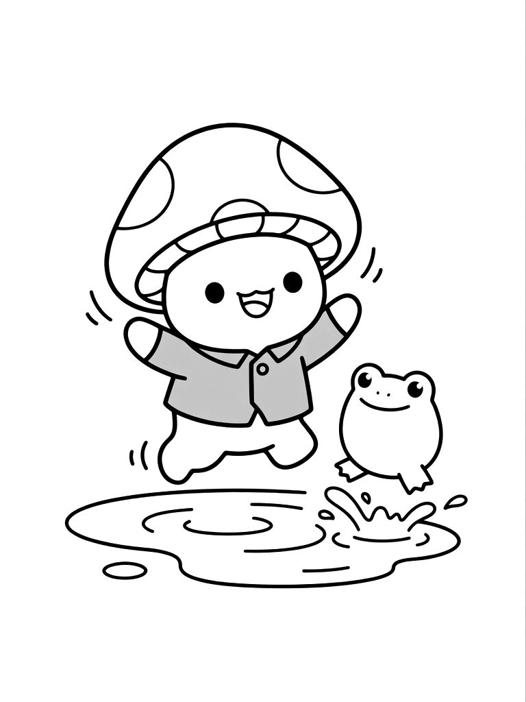 Round Kawaii Mushroom Character Wearing A Tiny Yellow Raincoat Jumping Into A Puddle With A Frog Friend Coloring Page