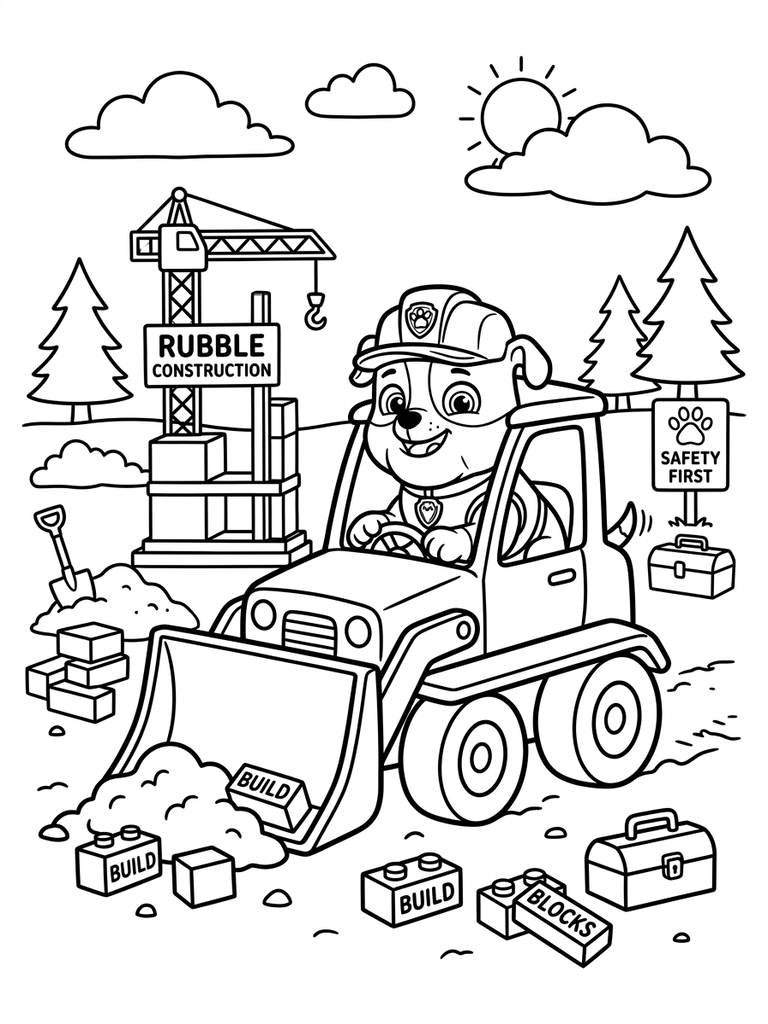 Rubble Construction / Bulldozer Pup Building Scene Coloring Page