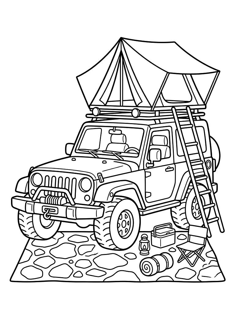 Rugged Toy Off-Road Jeep Featuring A Deployed Rooftop Tent And Miniature Camping Gear Parked On A Rocky Living Room Rug Coloring Page