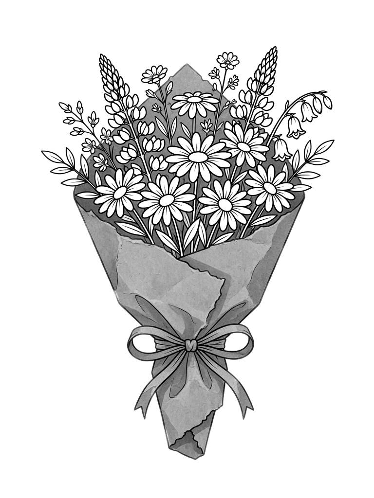 Rustic Brown Paper Cone Wrapped Wildflower Bouquet Coloring Page