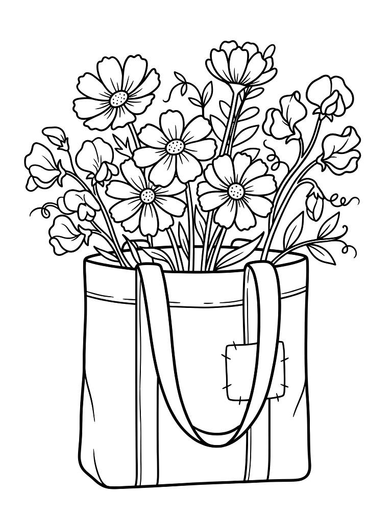 Rustic Canvas Tote Bag Overflowing With A Freshly Picked Spring Wildflower Bouquet Of Cosmos And Sweet Peas Coloring Page