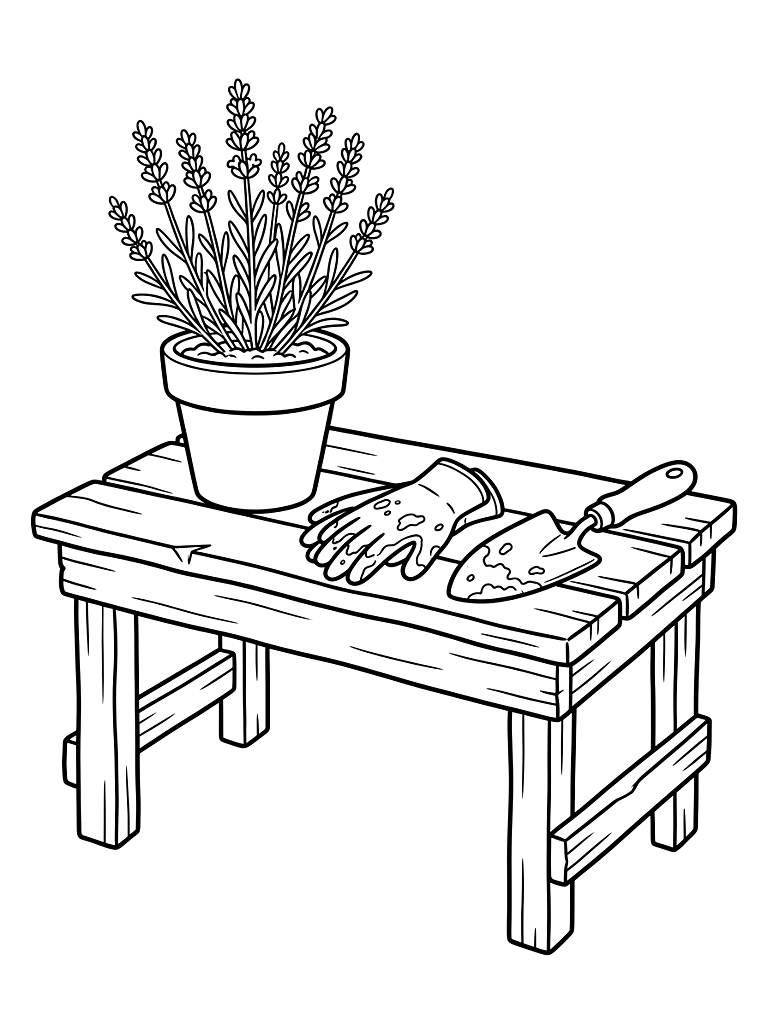Rustic Gardening Bench With A Freshly Potted Lavender Plant Dirty Gardening Gloves And A Metal Trowel Covered In Soil Coloring Page