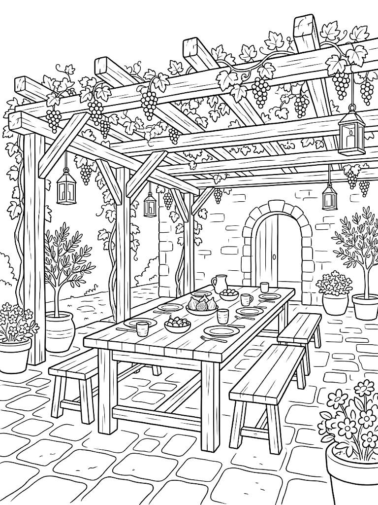 Rustic Mediterranean Courtyard With A Long Wooden Dining Table Set With Fresh Figs Olives And A Pergola Draped In Grapevines Coloring Page