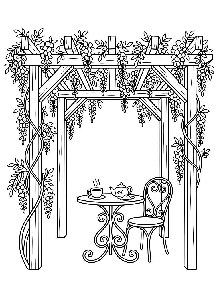 Rustic Wooden Pergola Heavily Draped In Blooming Purple Wisteria Vines Shading A Vintage Iron Bistro Table With A Cup Of Chamomile Tea Coloring Page
