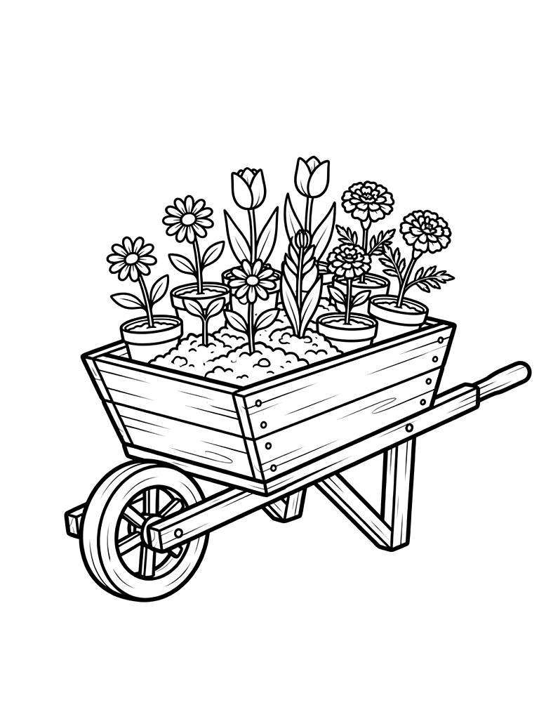 Rustic Wooden Wheelbarrow Filled With Spring Flower Seedlings Coloring Page