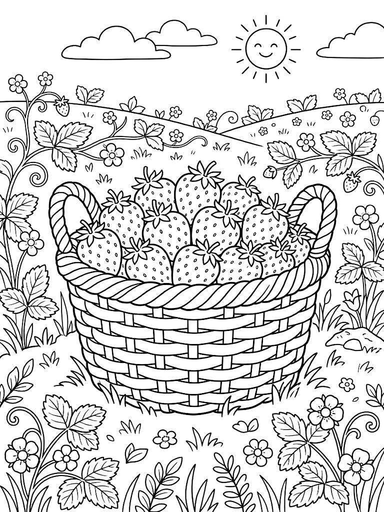 Rustic Woven Basket Overflowing With Freshly Picked Ripe Strawberries Sitting In A Sun-Drenched Field Of Green Vines And White Blossoms Coloring Page