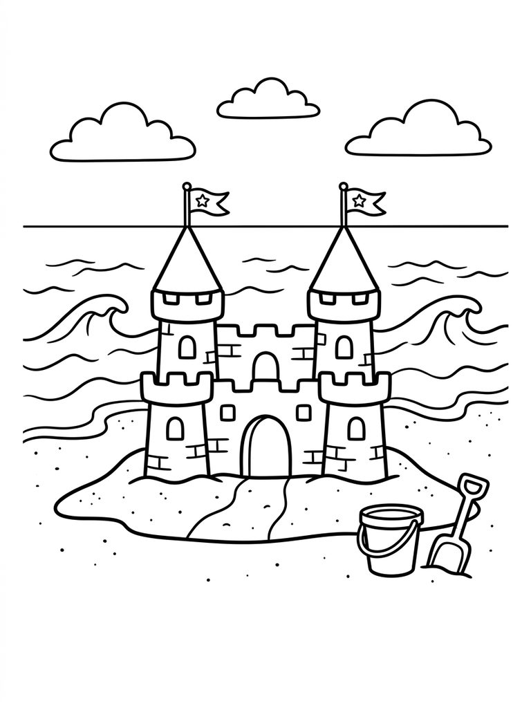 Sandcastle On A Beach With Ocean Waves Coloring Page