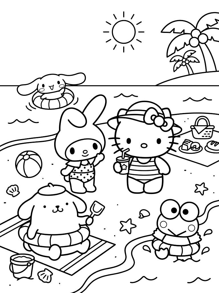 Sanrio Summer Beach Party Coloring Page