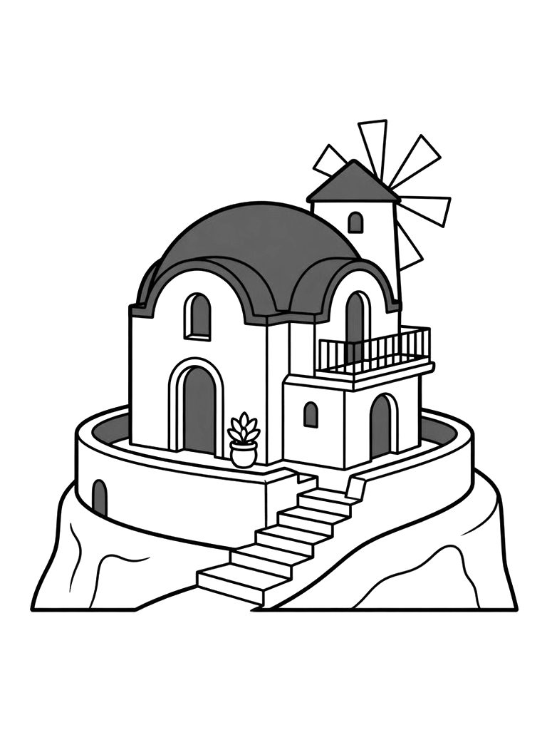 Santorini White And Blue House Coloring Page