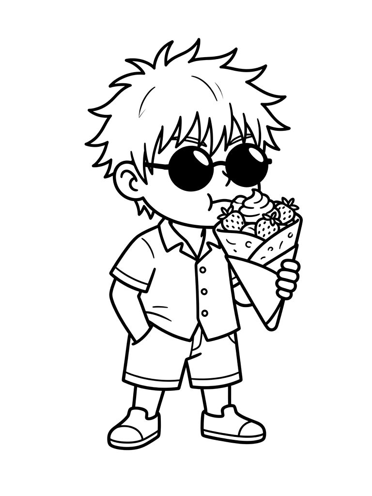 Satoru Gojo Wearing Casual Clothes And Sunglasses Eating A Sweet Strawberry Crepe In A Bustling Shibuya Street Scene Coloring Page