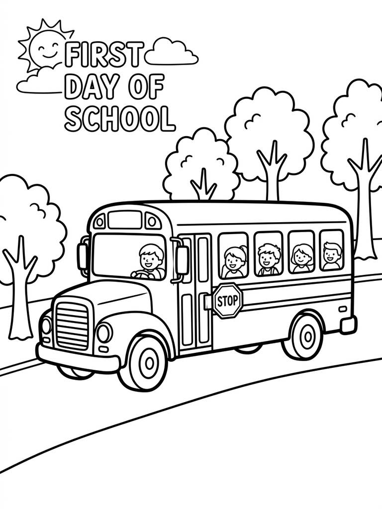 School Bus Driving Past Trees On The First Day Of School Coloring Page