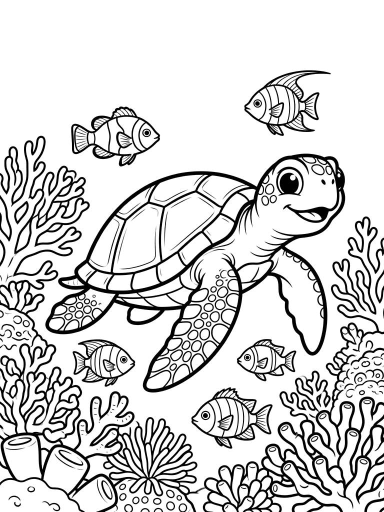Sea Turtle Swimming Through A Vibrant Coral Reef With Fish Coloring Page