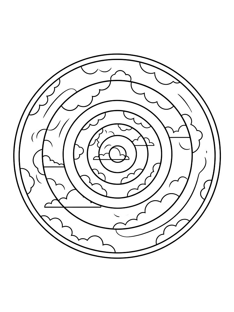 Series Of Concentric Circles Representing Breath Cycles With Soft Cloud Patterns Coloring Page