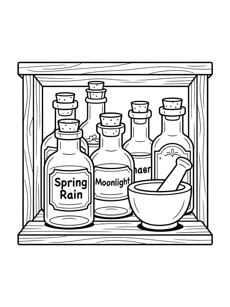 Shelf Of Vintage Apothecary Bottles Labeled Spring Rain And Moonlight Next To A Mortar And Pestle Coloring Page