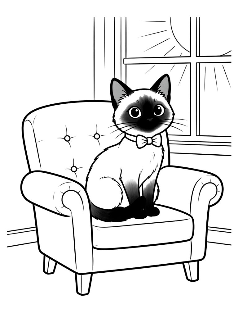Siamese Cat With Dark Points Sitting Elegantly On A Velvet Armchair In A Sunlit Room Coloring Page