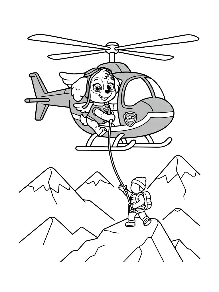 Skye Flying Her Helicopter Over A Mountain Range To Rescue A Lost Hiker Coloring Page