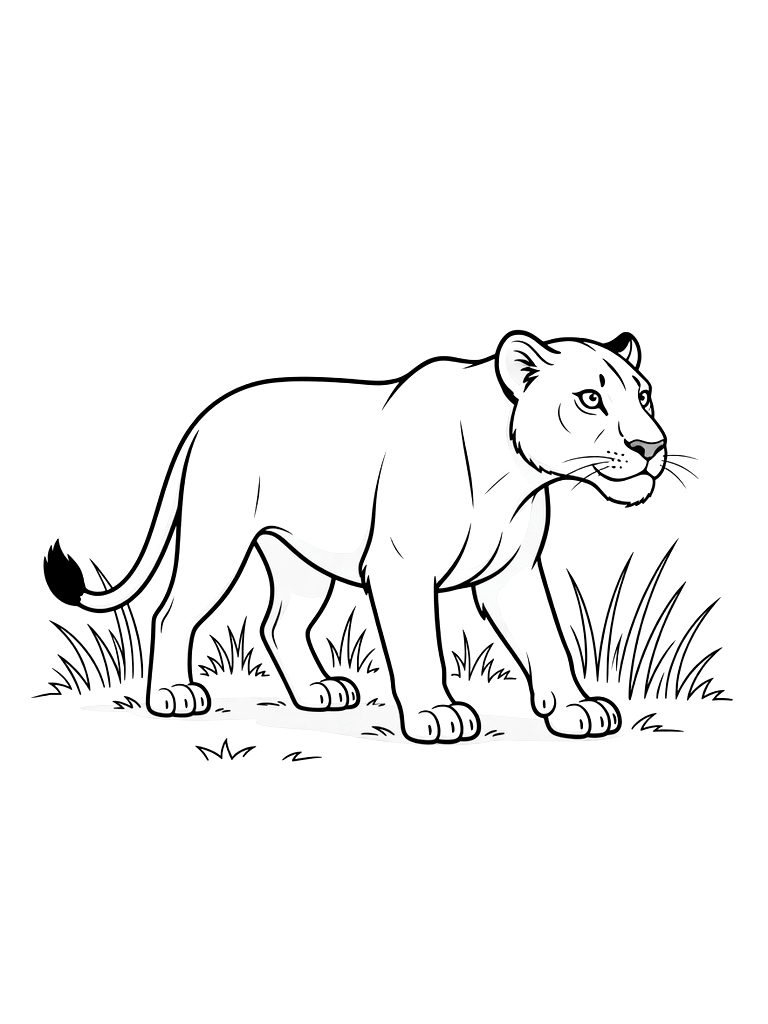 Sleek Lioness Stalking Through The Tall Golden Grass Of The Savanna With Her Eyes On The Horizon Coloring Page