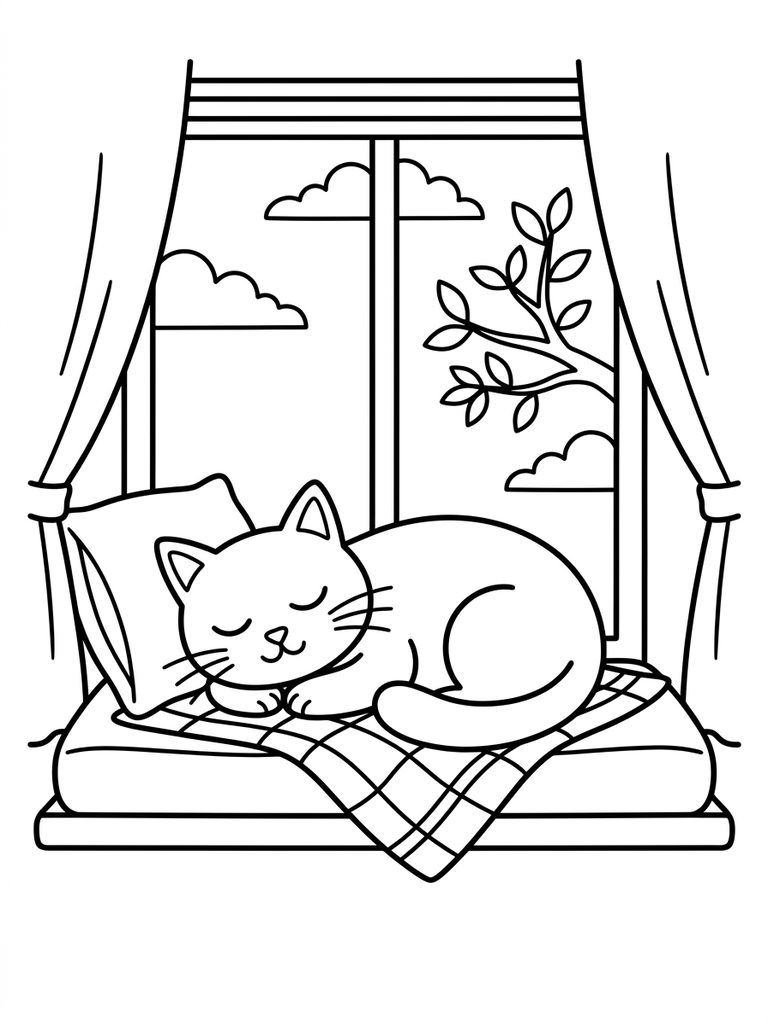 Sleeping Cat In Cozy Window Coloring Page