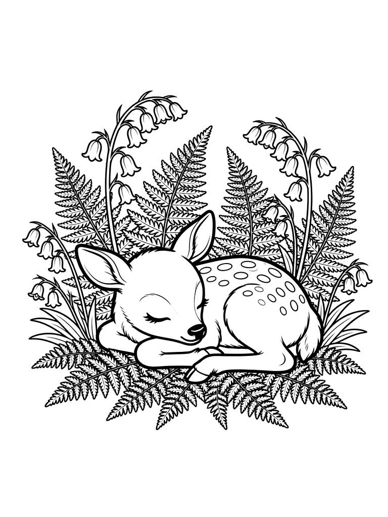 Sleeping Fawn Nestled In Spring Ferns And Bluebells Coloring Page