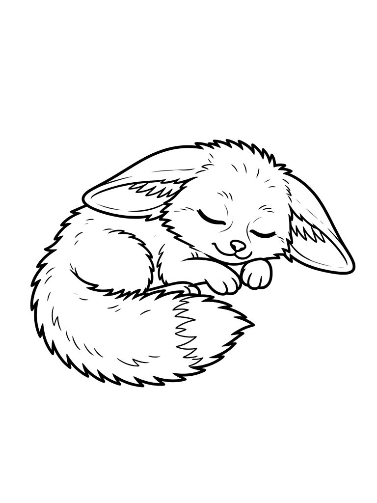 Sleeping Fennec Fox With Large Ears And A Fluffy Tail Coloring Page