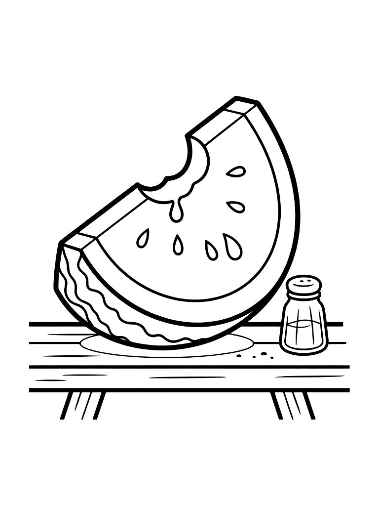 Slice Of Juicy Watermelon With A Bite Taken Out Resting On A Picnic Table With A Salt Shaker Coloring Page