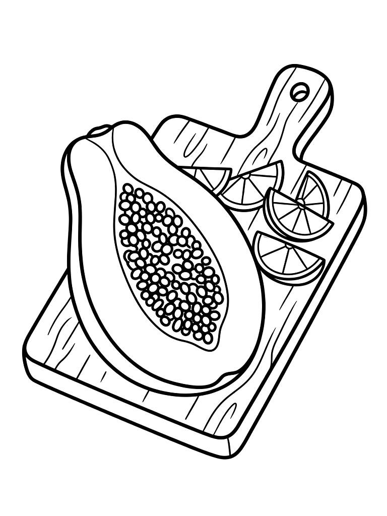 Sliced Tropical Papaya Exposing Intricate Black Seeds Resting On A Wooden Cutting Board Next To Fresh Lime Wedges Coloring Page