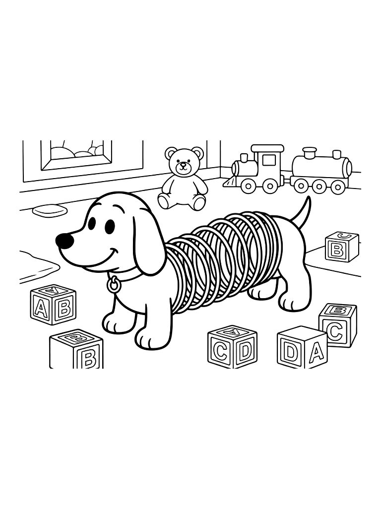 Slinky Dog Toy Stretching Across A Child's Bedroom Floor With Alphabet Blocks Coloring Page